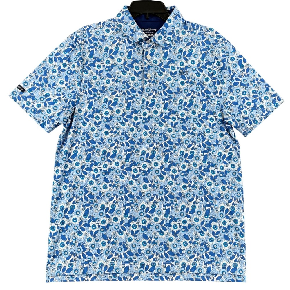 Good Good Performance Golf Polo M Blue Floral Stretch Golfing Business Casual